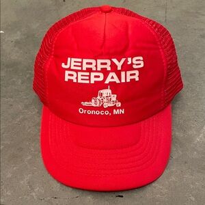 Vintage Crown Jerry’s repair trucker Red Mesh SnapBack cap hat